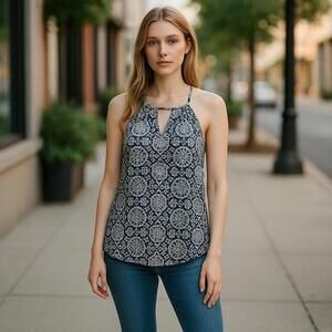 Papermoon Geometric Keyhole Halter Tank Top Womens S Navy White Boho